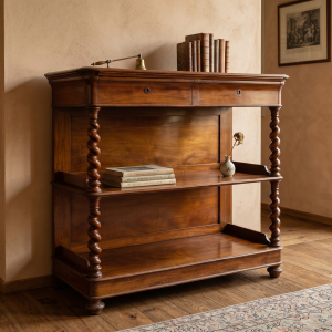 Elegante Etagere Carlo X in Mogano con 2 Cassetti